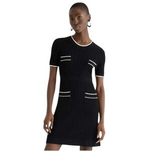 J.Crew - NWT Short-Sleeve Cable-Knit Sweater Dress in Black Ivory Trim Sz L